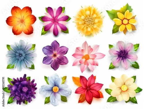 Set of different beautiful flowers isolated on white background. generative ai