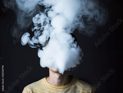 Cloudy smoke covering the face of smoker. Concept of heavy smoking, chain smoker or vaping.