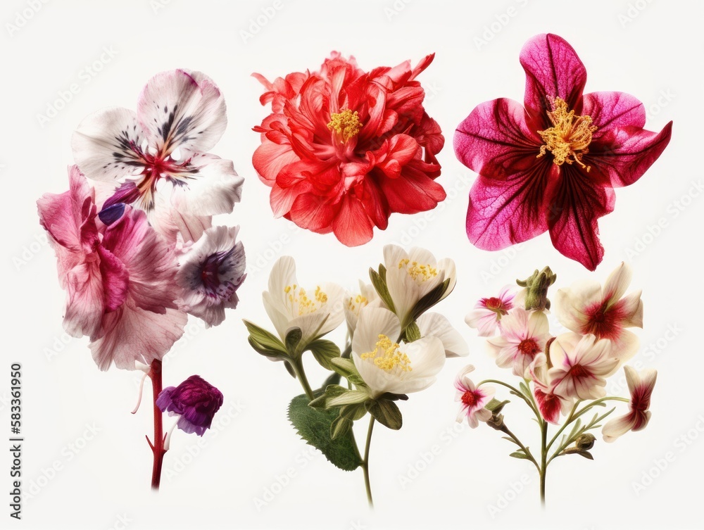 Set of different beautiful flowers isolated on white background. generative ai Set of different beautiful flowers isolated on white background. generative ai