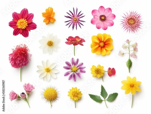 Set of different beautiful flowers isolated on white background. generative ai