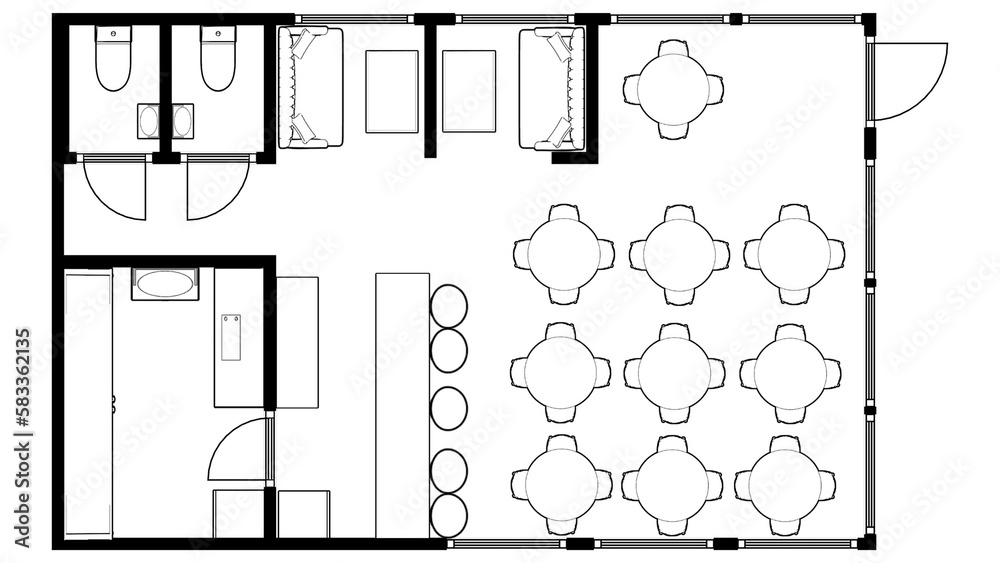 Restaurant interior crosssection. Cafe floor plan. Cafe furniture