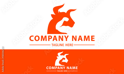 Orange Color Danger Bull with Negative Space Arm Gym Logo Design