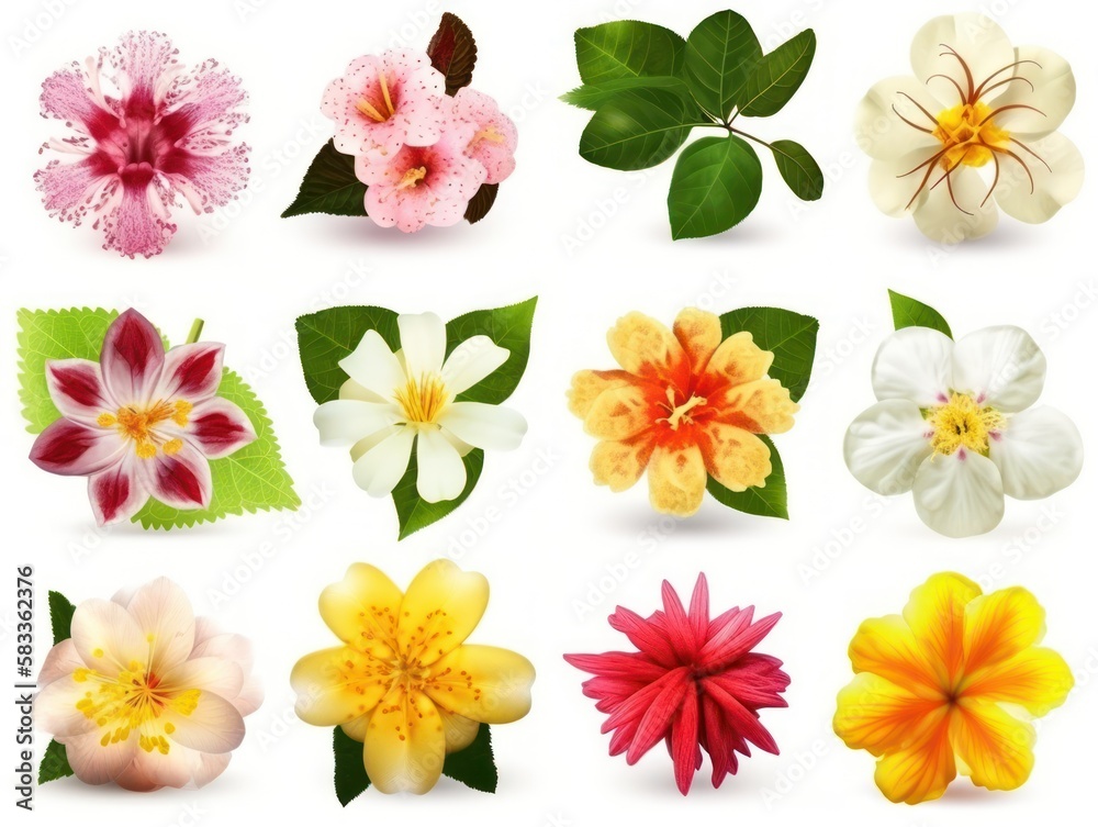Set of different beautiful flowers isolated on white background. generative ai Set of different beautiful flowers isolated on white background. generative ai