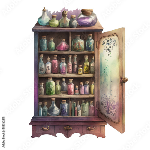Witch Potion Apothecary Cabinet Watercolor Clipart. Generative AI Illustration