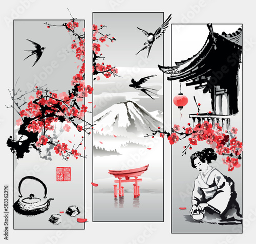 Sakura branches, Swallows and a paper lantern on the roof of the pagoda. Woman making tea. Collage in oriental style. Printing with hieroglyphs - Treasure of the Soul. Vector.