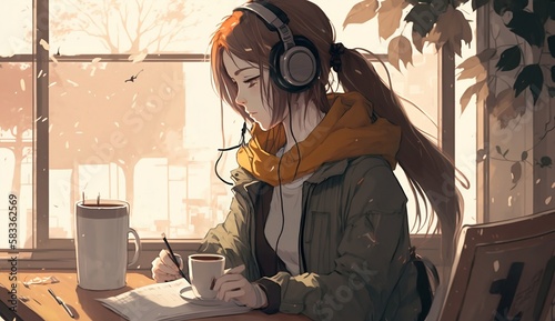 Woman in the cafe. Studying in a cafe with hot coffee on the desk. Generative AI