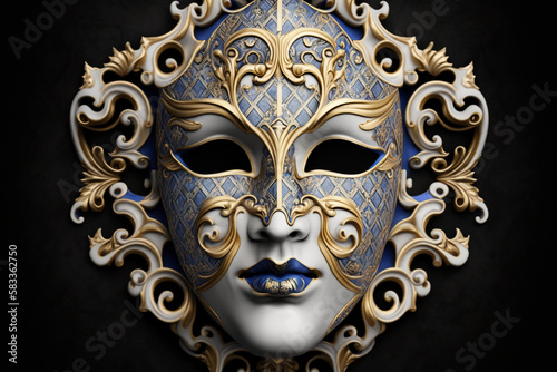Amazing detailed Venetian mask design with gold golden metal. Festive Venice Italy traditional carnival mask. Ai generated © dragomirescu