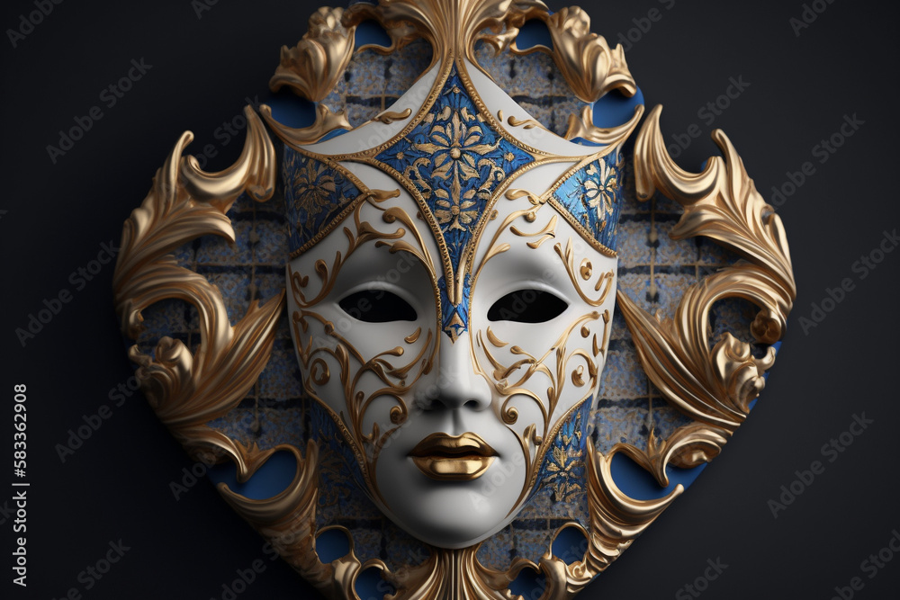 Amazing detailed Venetian mask design with gold golden metal. Festive Venice Italy traditional carnival mask. Ai generated