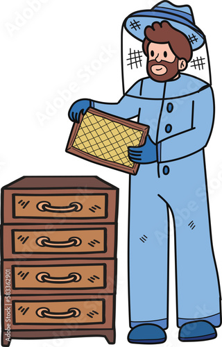 beekeeper collecting honey illustration in doodle style