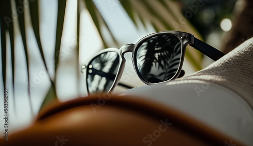 sunglasses in a plastic frame on a background of palm trees, reflected in glasses