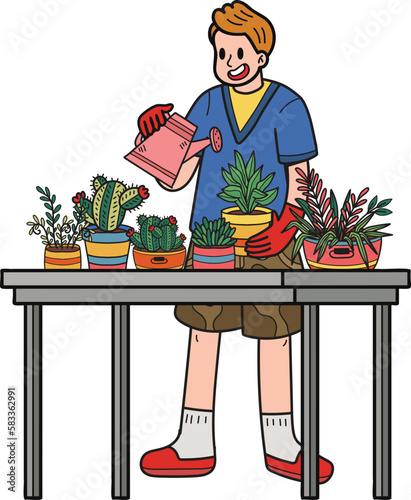 Young males watering plants in pots illustration in doodle style