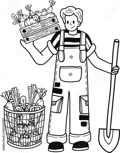 gardener planting vegetables illustration in doodle style