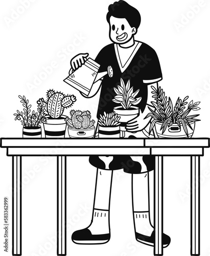 Young males watering plants in pots illustration in doodle style