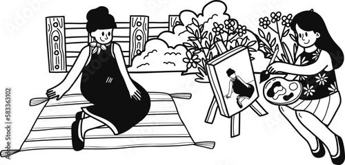 Young woman sitting and drawing in the park illustration in doodle style
