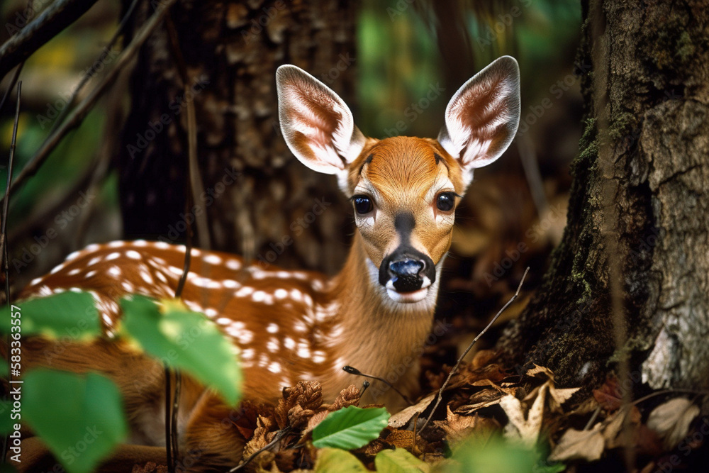 Adorable roe deer fawn in forest. Wildlife scene in nature. Digital ai art Adorable roe deer fawn in forest. Wildlife scene in nature. Digital ai art