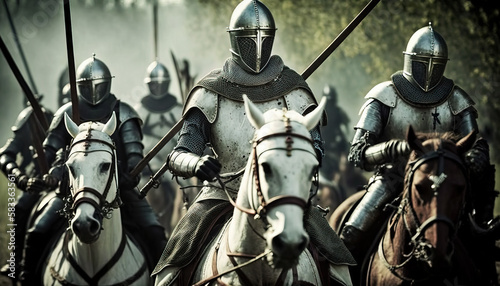 Mounted Medieval knights in armor and in a helmet with a sword in hands. digital ai art