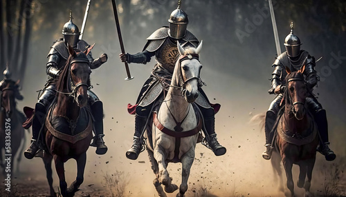 Mounted Medieval knights in armor and in a helmet with a sword in hands. digital ai art