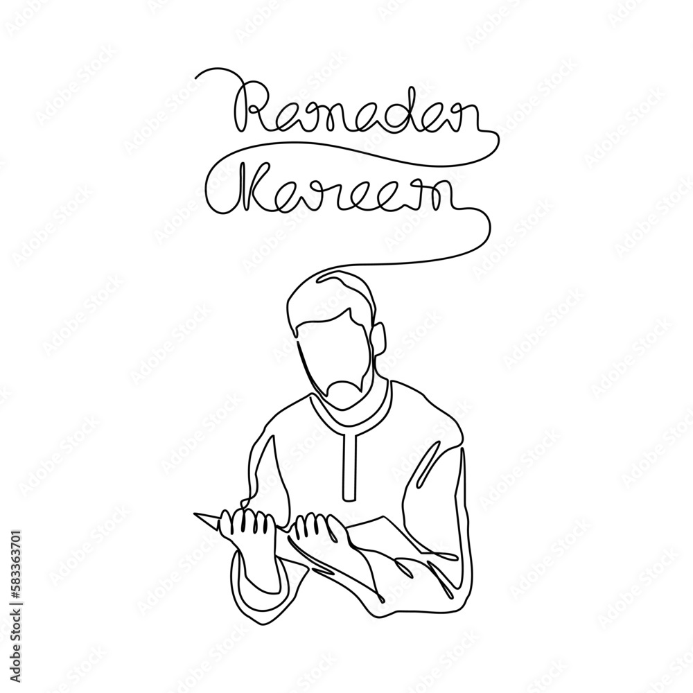 A moslem man read the Quran in the mosque during ramadhan time in continuous line art drawing style. design with Minimalist black linear design isolated on white background. Vector illustration