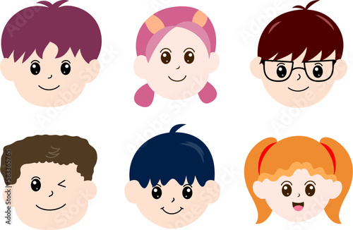 Cartoon kid face avatas set. Different kids with emotions style, vector illustration.
