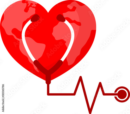 World heart day concept. Globe in heart shape design with stethoscope. Health care concpt. World health day, vector illustration.