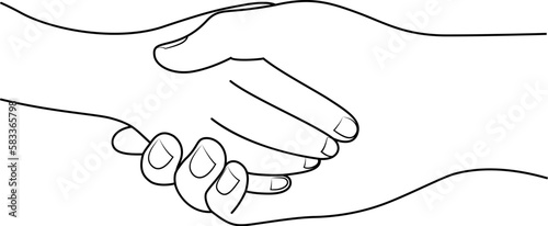 Child and adult hands hold each other. Line art style, vector illustration.