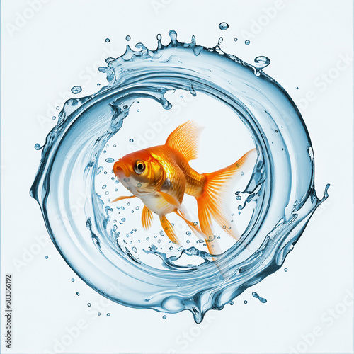 Water flowing and form a round frame around a goldfish