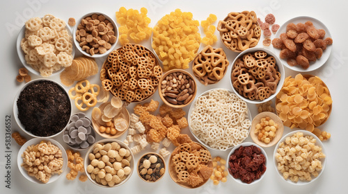 collection of different cereal and grains on white background