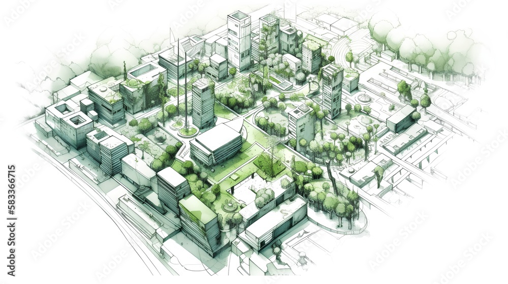 Urban project planning. Green sustainable design, creating eco friendly spaces, promoting energy efficiency, and integrating renewable energy sources for a low impact urban environment. Generative AI - obrazy, fototapety, plakaty 