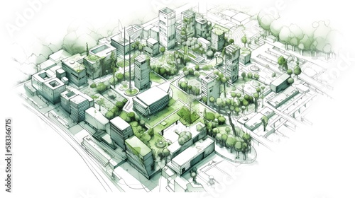 Urban project planning. Green sustainable design, creating eco friendly spaces, promoting energy efficiency, and integrating renewable energy sources for a low impact urban environment. Generative AI