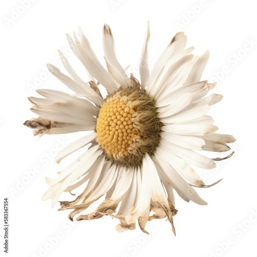 Macro closeup of isolated aged and dried daisy flower head, shriveled petals, white studio lighting background, preserved - generative ai