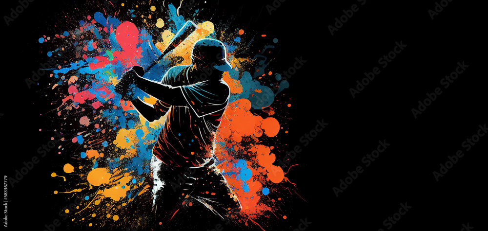 Baseball sport batting action colorful splash horizontal banner on black background copy space. Generative AI illustration