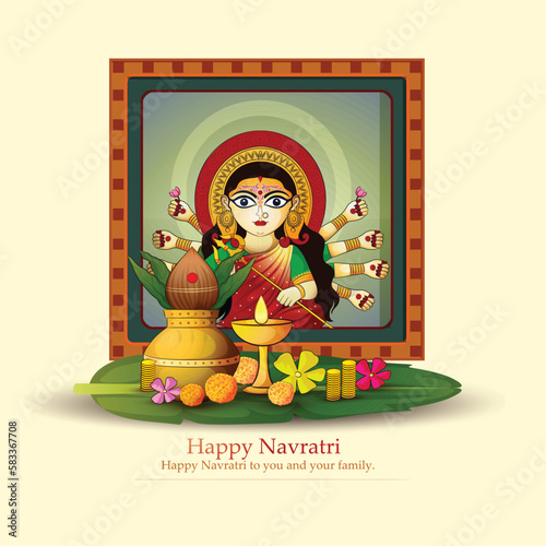 vector illustration of Goddess Durga with durga handlettring mantra in hindi for Happy Navratri,durga puja.