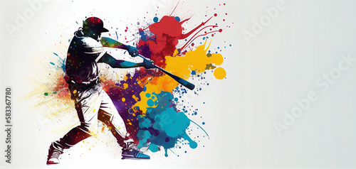 Baseball sport batting action colorful splash horizontal banner on white background copy space. Generative AI illustration
