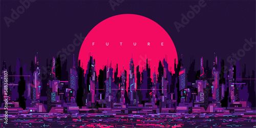 Colorful Trendy Abstract Futuristic Sci-fi Cyber Space City Landscape Vector Illustration