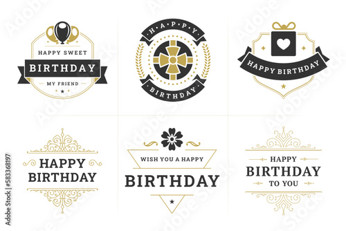Happy birthday black golden fashion vintage label and badge set for greeting card design vector flat