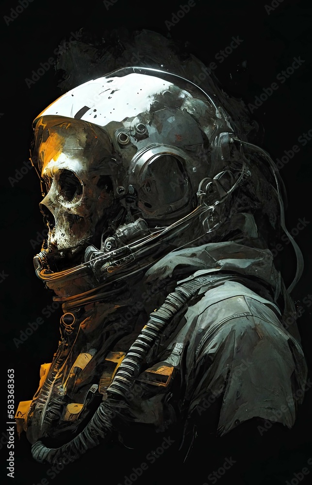 Dead astronaut in a spacesuit standing in profile against a dark background. Digital painting style. Generative ai.