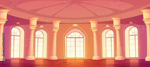 Ballroom interior in royal castle or palace. Medieval building room for balls, dance, wedding banquet with windows and columns in baroque style, vector cartoon illustration