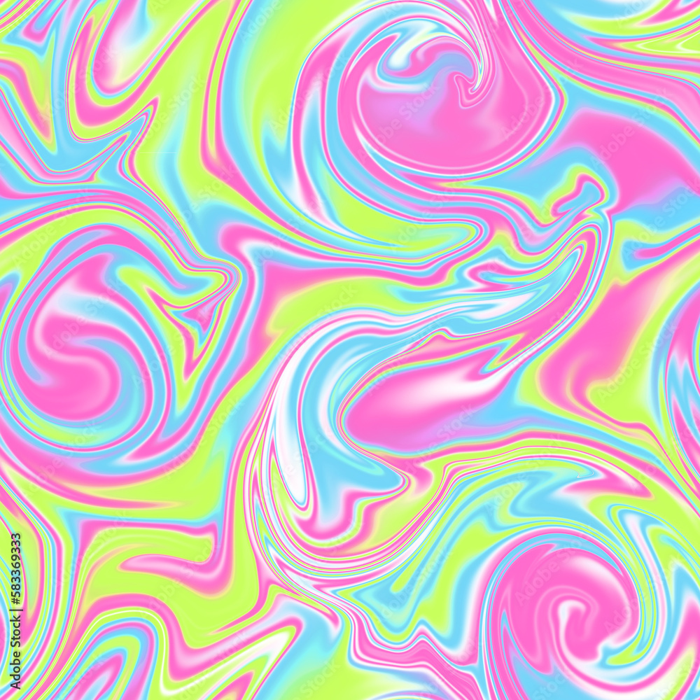 Obraz premium Holographic seamless pattern. The effect of flowing iridescent liquid. Psychedelic effect. Fairy tale unicorn trend background. 90s fashion..