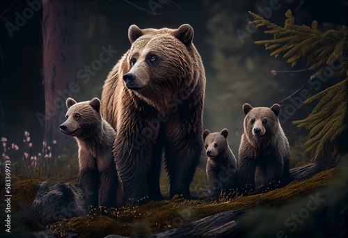 Obraz na plátne A mother bear and her cubs traverse a dense wilderness