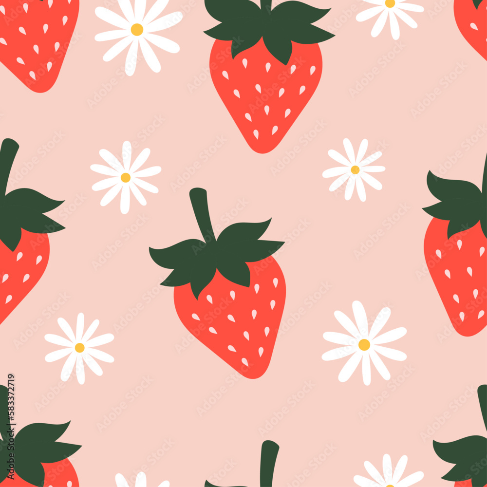 Seamless pattern with strawberries and chamomile
