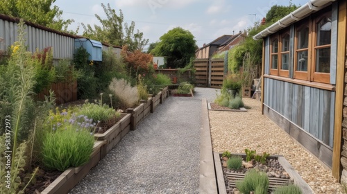 A view looking down a back garden of a home with paving slaps and gravel  pea shingle  wooden railway sleeper flower bed  vegetable patch  potted plants  timber fence  grey summerhouse  generative ai