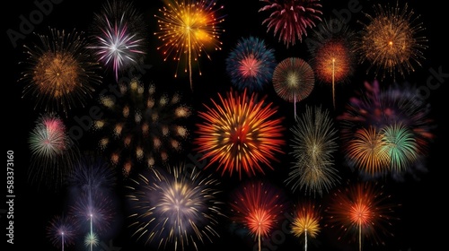 Big set of various fireworks with brightly shining sparks. Colorful pyrotechnics show. Realistic fireworks celebration isolated on black background, generative ai