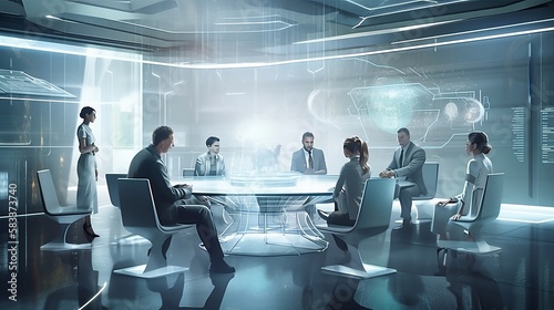 A group of people gathered in a futuristic meeting room with holographic screens displaying various info-graphics.  Generative AI