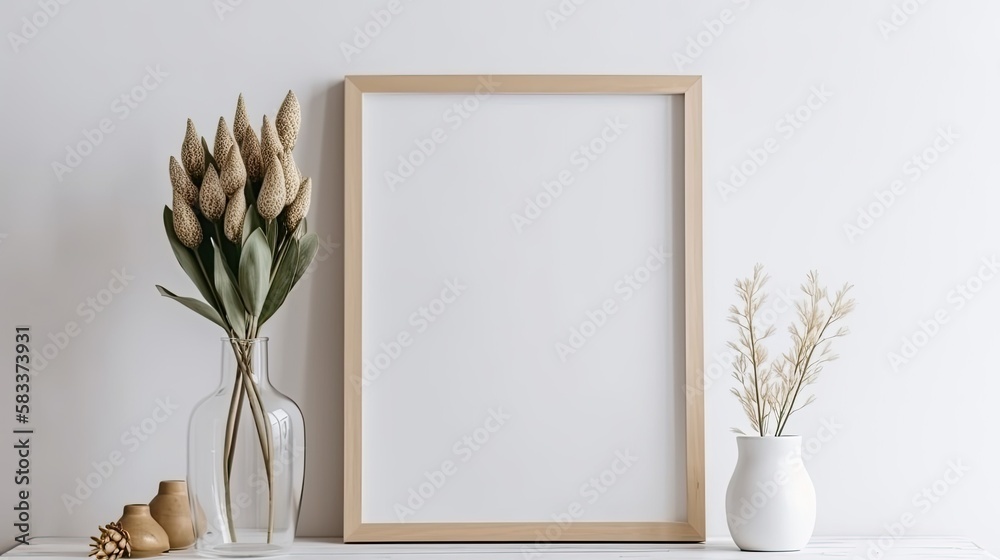 Empty square frame mockup in modern minimalist interior with plant in trendy vase on white wall background, generative ai Empty square frame mockup in modern minimalist interior with plant in trendy vase on white wall background, generative ai