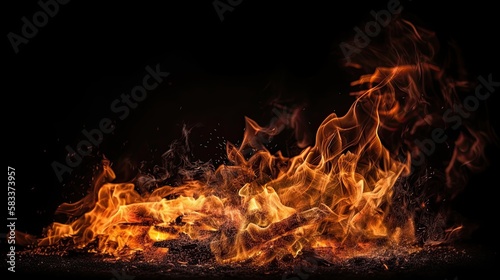 fire flames with sparks on a black background, close-up, generative ai