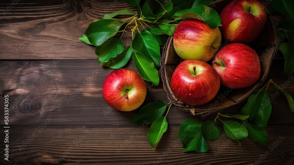 Fresh Red Apples With Green Leaves On A Wooden Background, generative ai Fresh Red Apples With Green Leaves On A Wooden Background, generative ai