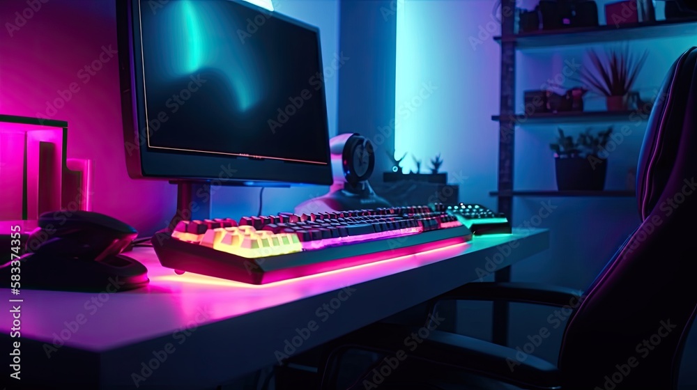 gamer studio room with personal computer armchair, keyboard for stream in neon color blur background. Soft focus, generative ai gamer studio room with personal computer armchair, keyboard for stream in neon color blur background. Soft focus, generative ai
