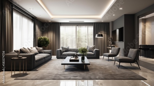 Large and luxurious interiors of a modern living room . Digitally generated image of a fully furnished living room. generative ai