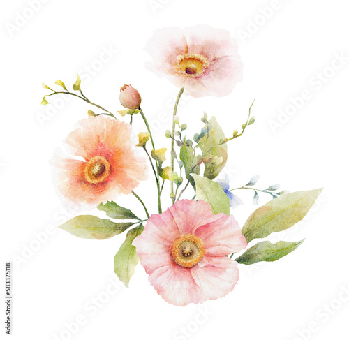 Spring blooming poppies bouquet. Watercolor illustration. Hand drawn flowers for invites  cards and logos.