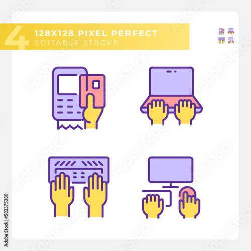 Yellow hands using devices RGB color icons set. Opportunity for technology users. Computing development process. Isolated vector illustrations. Simple filled line drawings collection